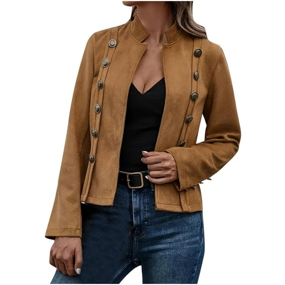 hotojiny Women's Cropped Jacket Double Breasted Stand Collar Open Front Coats Long Sleeves Solid Casual Outerwear