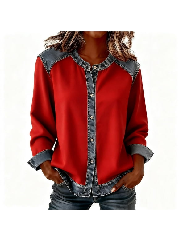 Women's Denim Shirt Oversized Denim Button Down Shirt Fashion Patchwork Jean Tops Long Sleeve Casual Tshirt Streetwear