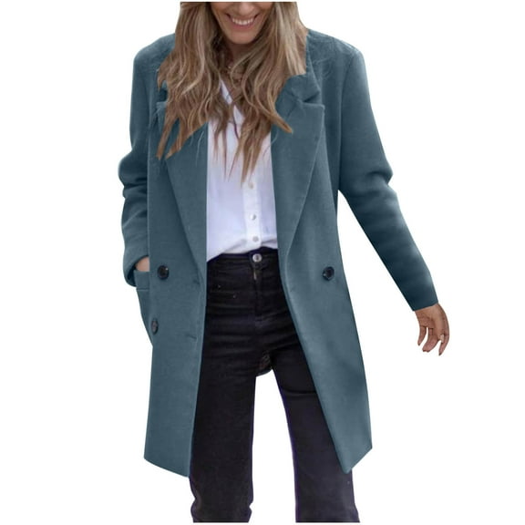hotojiny Women's Double Breasted Coat Notch Lapel Thick Mid-Long Jacket Winter Casual Work Office Outwear with Pockets