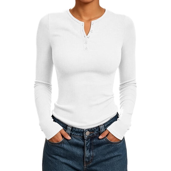 hotojiny Women's Fall Long Sleeve Henley T Shirts Soft Stretch Ribbed Button up Plain Basic Tee Slim Fitted Layering Tops(White,X-Large)