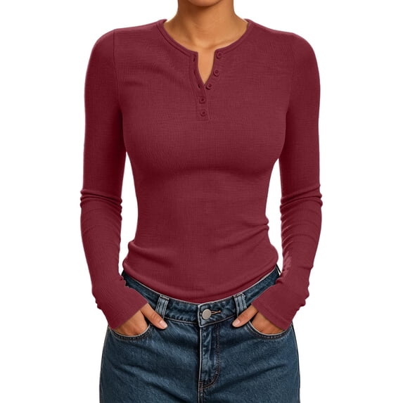 hotojiny Women's Fall Long Sleeve Henley T Shirts Soft Stretch Ribbed Button up Plain Basic Tee Slim Fitted Layering Tops(Wine,XX-Large)