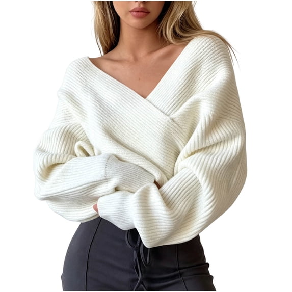 hotojiny Women's Fall Sweaters Wrap Long Sleeve Knit Cozy Pullover V Neck Solid Color Jumper Fashion Trendy Outfits(White,X-Large)