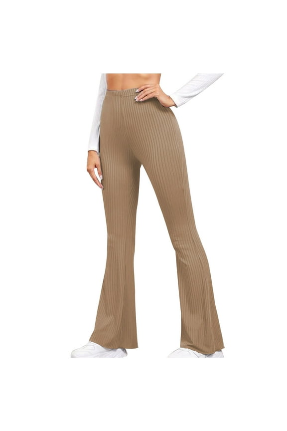 Women's Flare Yoga Pants Elastic High Waist Lounge Comfy Rib Leggings Slim Solid Color Bootcut Trousers for Workout