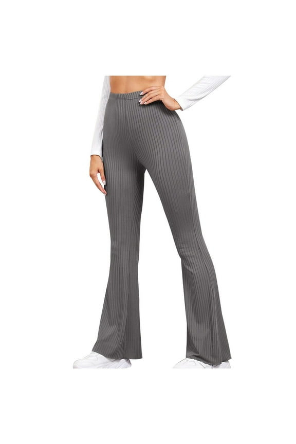 Women's Flare Yoga Pants Elastic High Waist Lounge Comfy Rib Leggings Slim Solid Color Bootcut Trousers for Workout