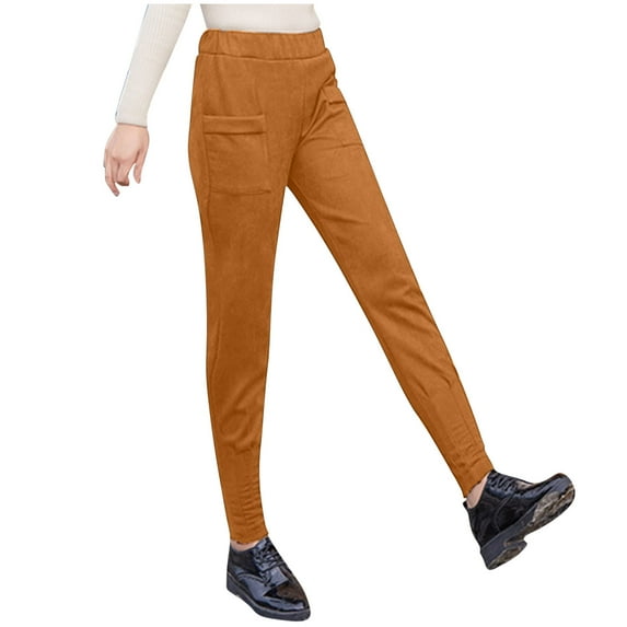 hotojiny Women's Fleece Pants Winter Thermal Elastic Waist Casual Pants Warm Tapered Business Work Trousers with Pockets