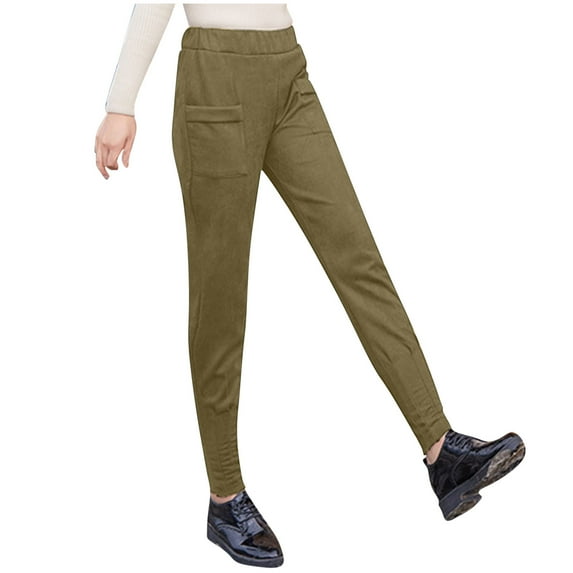 hotojiny Women's Fleece Pants Winter Thermal Elastic Waist Casual Pants Warm Tapered Business Work Trousers with Pockets