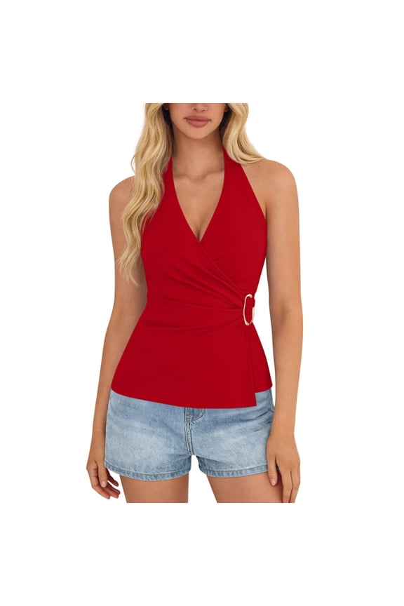 Women's Halter Blouse Casual V Neck Beach Boho Shirt Tops Warp Sleeveless Vacation Tops Summer Clothes