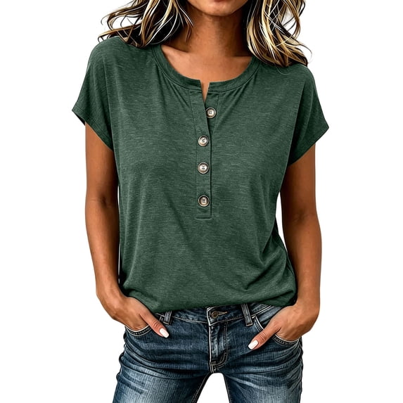 hotojiny Women's Henley Shirt Solid Color Crew Neck Half Buttons Summer Tops Comfort T Shirts Loose Fit Basic Tee Daily Wear