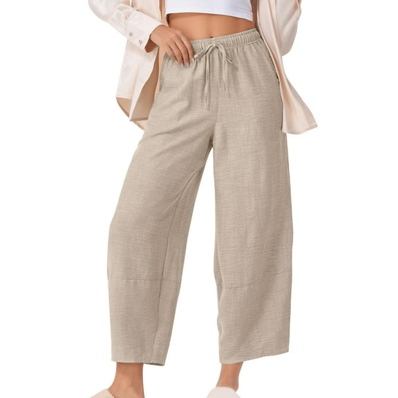 hotojiny Women's Linen Pants Loose Comfy Wide Leg Cropped Pants Lightweight Drawstring Elastic Waist Casual Beach Trousers