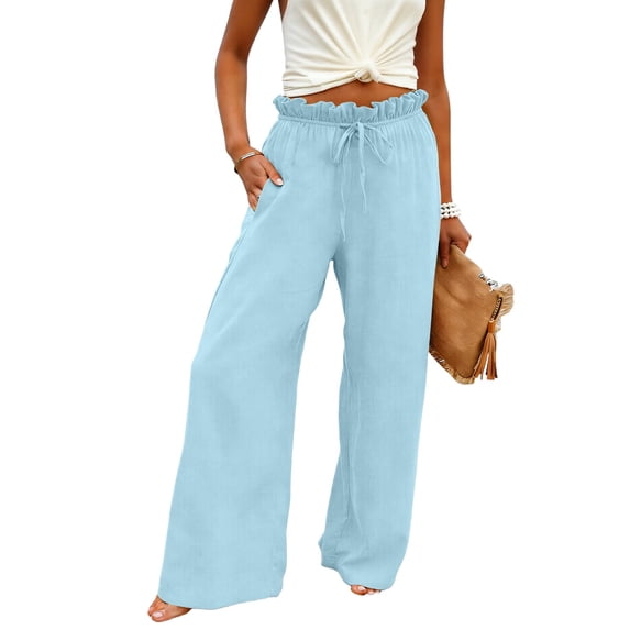hotojiny Women's Linen Pants Wide Leg Ruffle High Waisted Casual Pants Lightweight Drawstring Summer Loose Trousers with Pockets