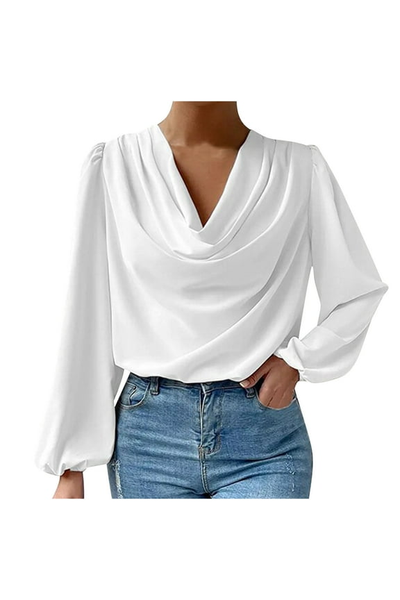 Women's Long Sleeve V Neck Work Shirt Elegant Solid Color Chiffon Office Blouse Top Tunic for Women