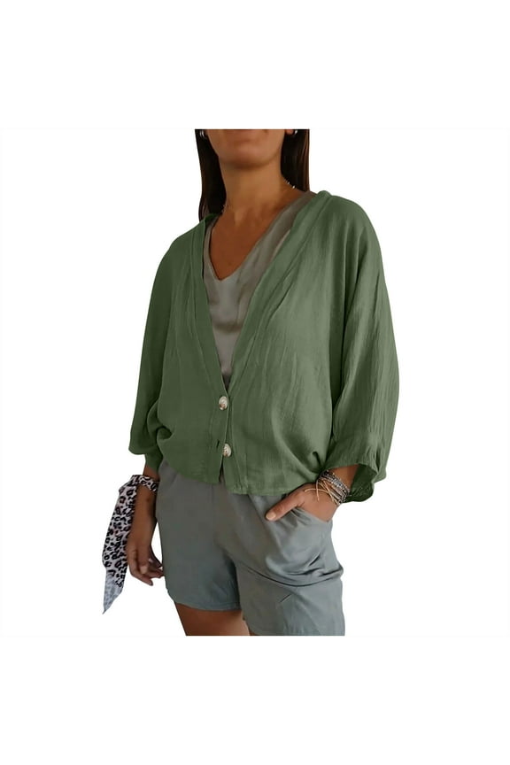 Women's Long Sleeve Cardigan Cotton Linen Loose Button down Coat Lightweight Casual Fashion Solid Color Tops