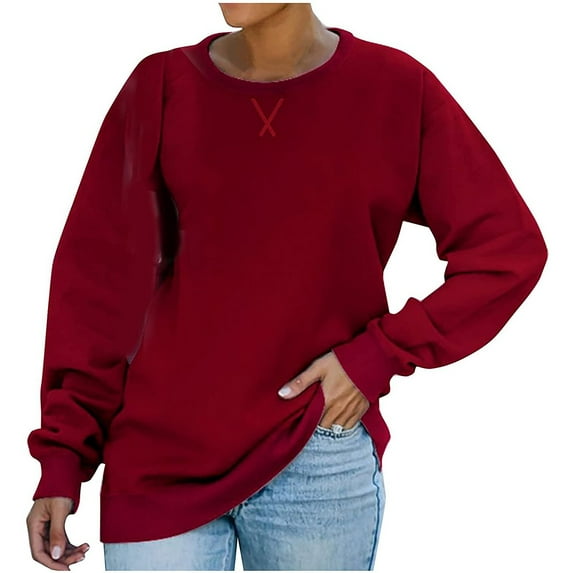 hotojiny Women's Long Sleeve Crewneck Sweatshirts Solid Color Casual Loose Lightweight Pullover Fall Clothes for Women 2046 Womens Clothes