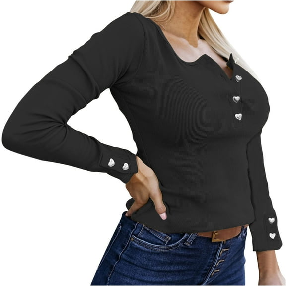hotojiny Women's Long Sleeve Shirts Casual V Neck Fall Top Button down Solid Color Blouses Basic Ribbed T Shirts