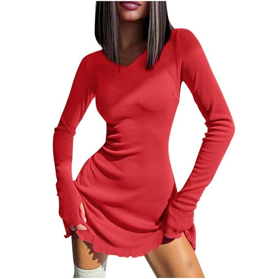hotojiny Women's Long Sleeve Sweater Dress Fall V Neck Ribbed Knit Mini Dresses Party Club Bodycon Dresses