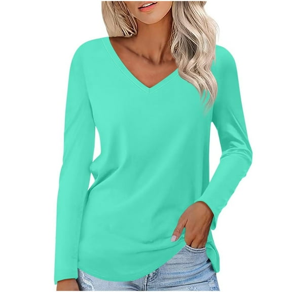 hotojiny Women's Long Sleeve Tops Casual Solid Color Cute V Neck Pullover Lightweight Soft Fall Shirts Spring Clothes