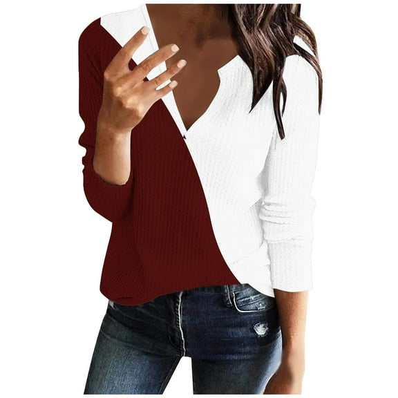 hotojiny Women's Long Sleeve Tops V Neck Casual Shirts Color Block Lightweight Blouses Fall Fashion Tunics Tees
