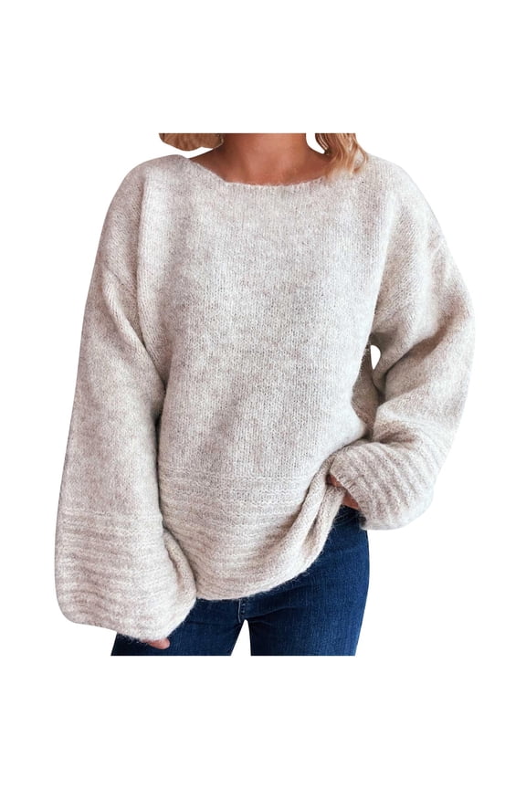 Women's Oversized Sweaters Comfortable Boat Neck Knit Pullover Lantern Long Sleeve Jumper Casual Loose Fall Outfits(Beige,Medium)
