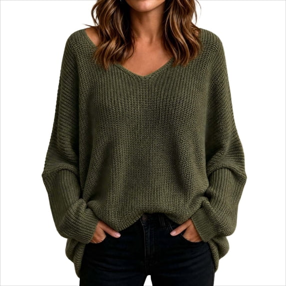 hotojiny Women's Oversized Sweaters Loose Fit V Neck off the Shoulder Sweater Long Sleeve Knit Pullover Spring Clothes Fashion Outfits(Army Green,Large)