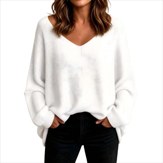 hotojiny Women's Oversized Sweaters Loose Fit V Neck off the Shoulder Sweater Long Sleeve Knit Pullover Spring Clothes Fashion Outfits(White,X-Small)
