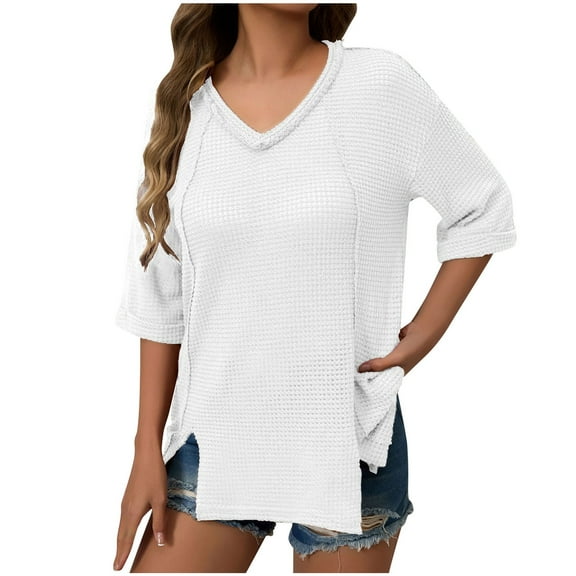 hotojiny Women's Oversized T Shirts Summer V Neck Half Sleeve Textured Tee Casual Loose Split Hem Tunic Tops