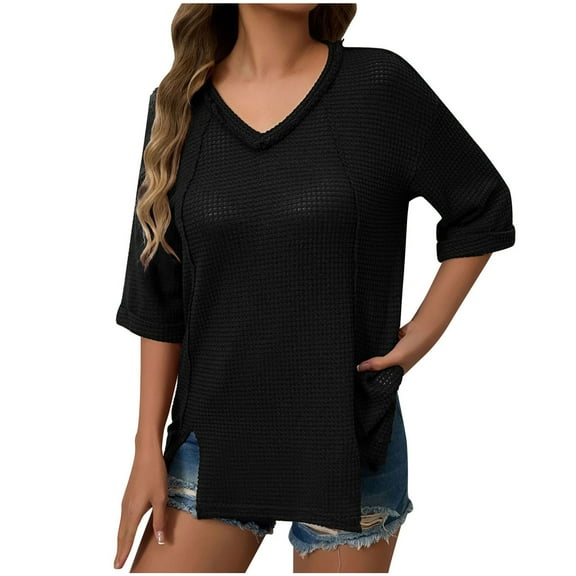 hotojiny Women's Oversized T Shirts Summer V Neck Half Sleeve Textured Tee Casual Loose Split Hem Tunic Tops