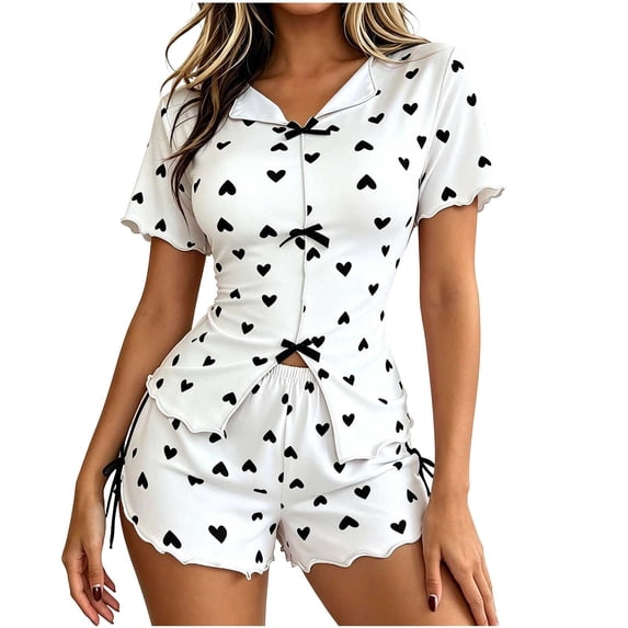 hotojiny Women's Pajamas Sets Bow Short Sleeve Heart Pjs Shirt Two Piece Sleepwear Cute Hot Pants Casual Lounge Sets