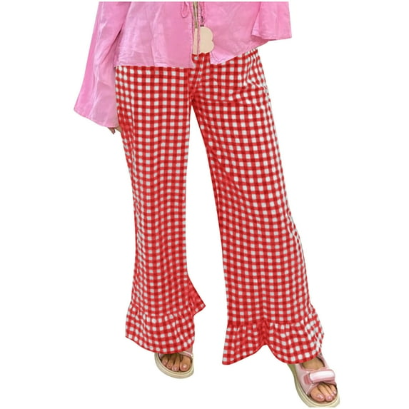 hotojiny Women's Pants Cute Plaid High Waist Beach Vaction Pants Flowy Casual Ruffle Hem Long Trousers with Pockets