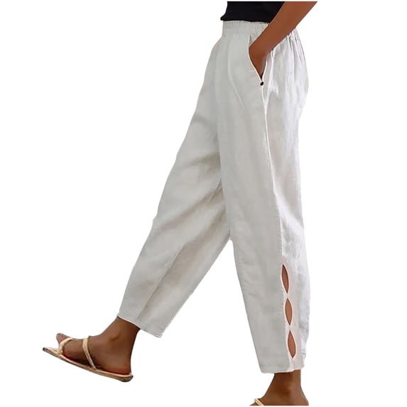 hotojiny Women's Pants Lightweight Elastic Waist Hollow out Beach Trousers with Pockets Summer Casual Vaction Clothes