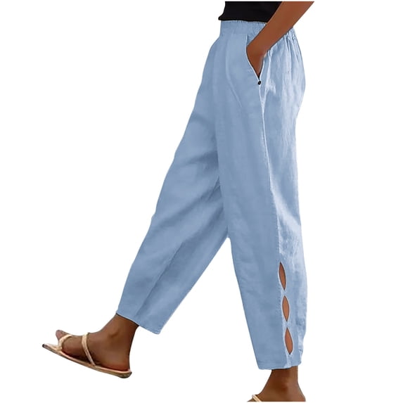 hotojiny Women's Pants Lightweight Elastic Waist Hollow out Beach Trousers with Pockets Summer Casual Vaction Clothes