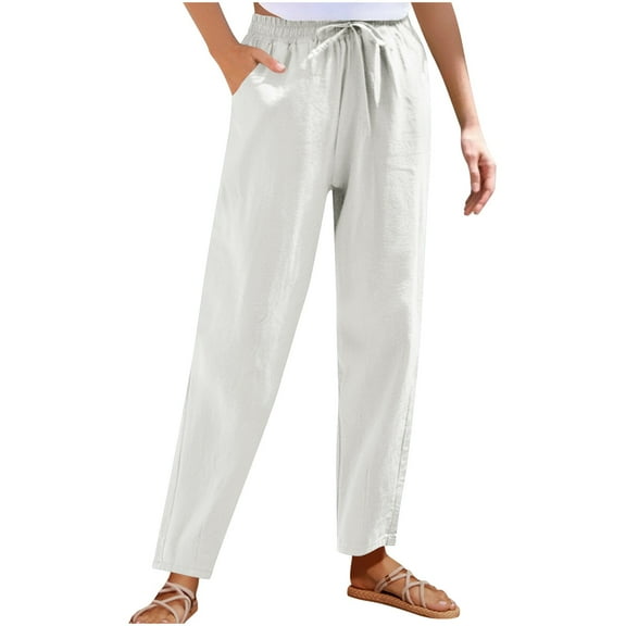 hotojiny Women's Pants Summer Breathable Drawstring Straight Leg Pants Casual High Waist Beach Vaction Trousers with Pockets