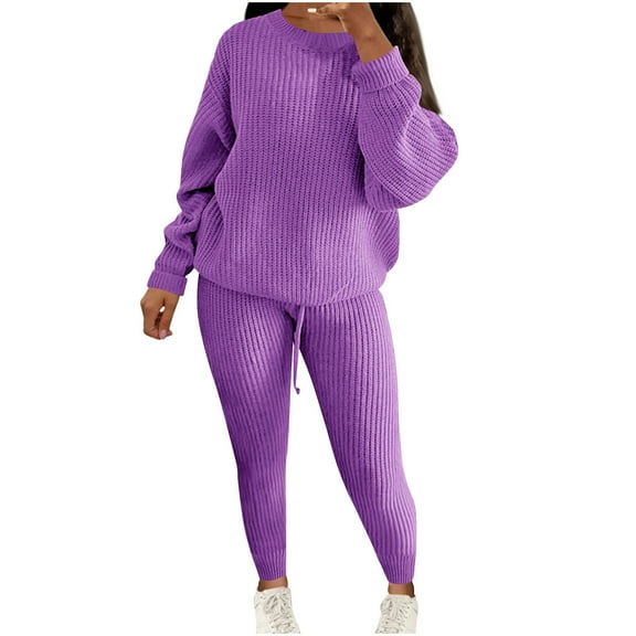 hotojiny Women's Plus Size 2 Piece Knitted Outfits Casual Long Sleeve Crewneck Tops with Slim Pants Lounge Outfits