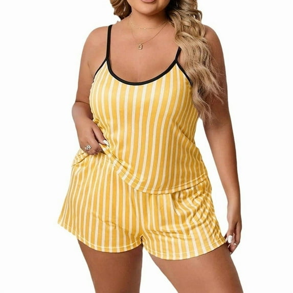 hotojiny Women's Plus Size Pajama Set Fashion Stripes Loungewear Soft Sleeveless Cami Top and Shorts Summer Sleepwear 2 Pj Set