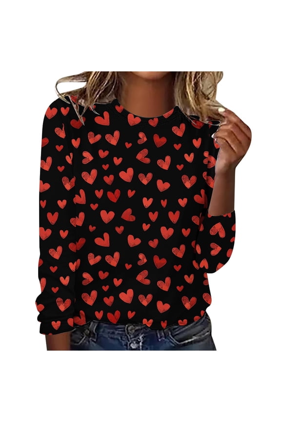 Women's Plus Size Valentine's Day Tops Spring Fashion Clothes Cute Heart Printed Long Sleeve Shirts