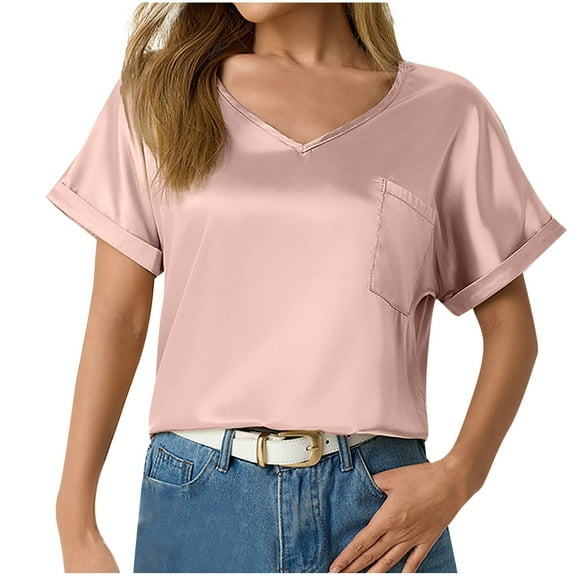 hotojiny Women's Satin Tops Loose Fit Rolled Cap Short Sleeve Silky Blouse Summer Lightweight V Neck Work Office Tops with Pocket