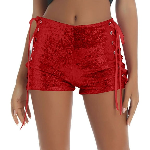 hotojiny Women's Sequin Shorts Trendy Slim Mid-Rise Sparkly Mini Shorts Casual Strap Party Hot Pants Booty Shorts