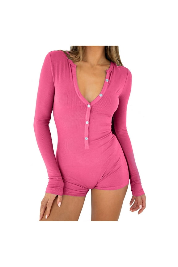 Women's Short Jumpsuit Stretchy Long Sleeve Knit Pajama Rompers V Neck Button Down One-Piece Bodysuit