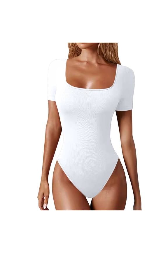 Women's Short Sleeve Bodycon Rompers Trendy Knitted Ribbed Square Neck Bodysuit Casual Yoga Jumpsuit