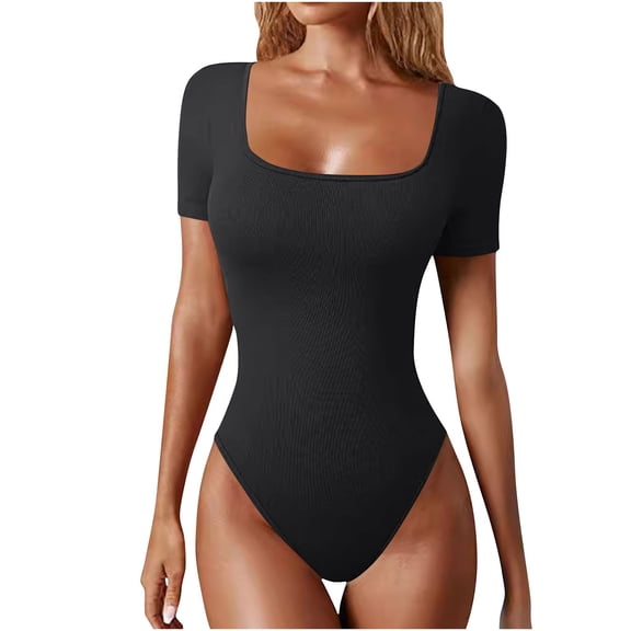 hotojiny Women's Short Sleeve Bodycon Rompers Trendy Knitted Ribbed Square Neck Bodysuit Casual Yoga Jumpsuit