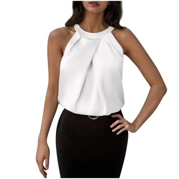 hotojiny Women's Silk Satin Tops Summer Sleeveless Crew Neck Business Casual Outfit Work Dressy Shirt