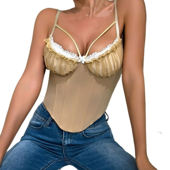 hotojiny Women's Sleeveless Corsets Trendy Cute Lace Trim Deep V Neck Going out Crop Tops Adjustable Straps Summer Tops
