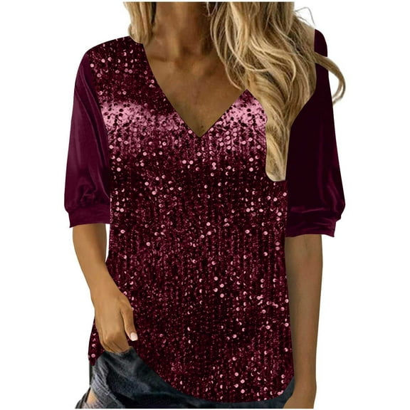 hotojiny Women's Sparkly Tops Fashion Velvet 3/4 Length Sleeve V-Neck Shirts Sequin Solid Color Blouse Clubwear