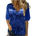 thumbnail image 1 of hotojiny Women's Sparkly Tops Fashion Velvet 3/4 Length Sleeve V-Neck Shirts Sequin Solid Color Blouse Clubwear, 1 of 5