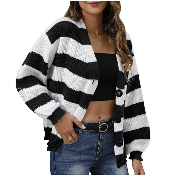 hotojiny Women's Striped Cardigan Sweater Trendy Long Sleeve Button down Casual Knit Cardigans Fashion