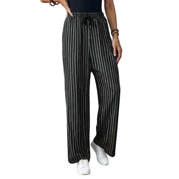 hotojiny Women's Striped Pants Spring Fashion Drawstring Casual Pant Streetwear Loose Fit Wide Leg Trousers with Pockets