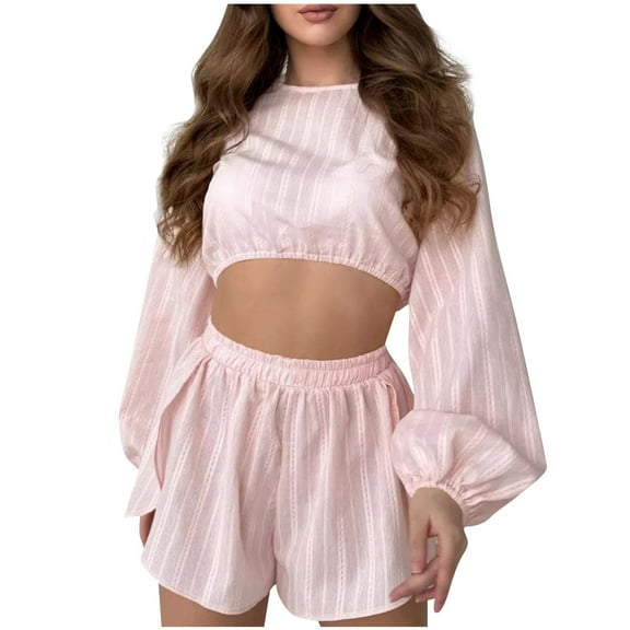 hotojiny Women's Summer 2 Piece Outfits Lounge Long Sleeve Crop Tops and Wide Leg Pj Shorts Set Trendy Vacation Going out Sets
