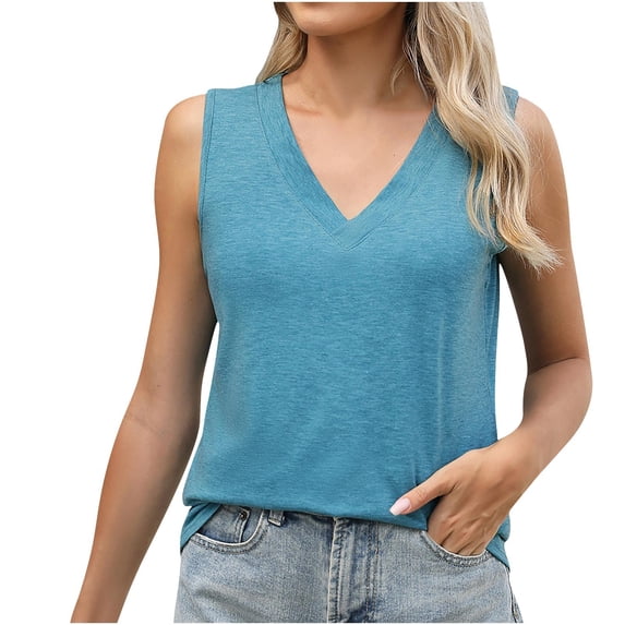 hotojiny Women's Summer Tank Tops Solid Color Loose Trendy V Neck Blouse Soft Sleeveless Flowy Beach Vacation Shirts