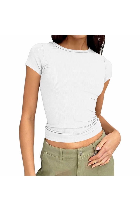 Women's Summer Tops Stretch Short Sleeve Crew Neck Going out T Shirts Fashion Ruched Slim Fit Tight Tees Streetwear