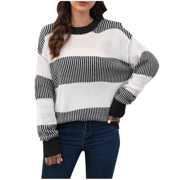 hotojiny Women's Sweaters Fall Winter Casual Oversized Long Sleeve Striped Sweater Loose Crew Neck Knit Pullover