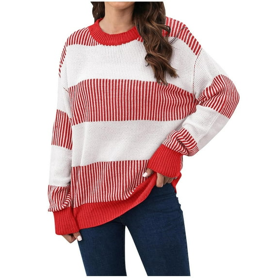 hotojiny Women's Sweaters Fall Winter Casual Oversized Long Sleeve Striped Sweater Loose Crew Neck Knit Pullover